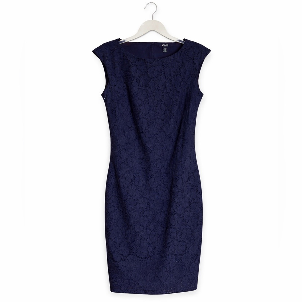 Chaps Navy Floral Lace Sheath Dress Size 4 Sleeveless Boatneck Elegant NWT